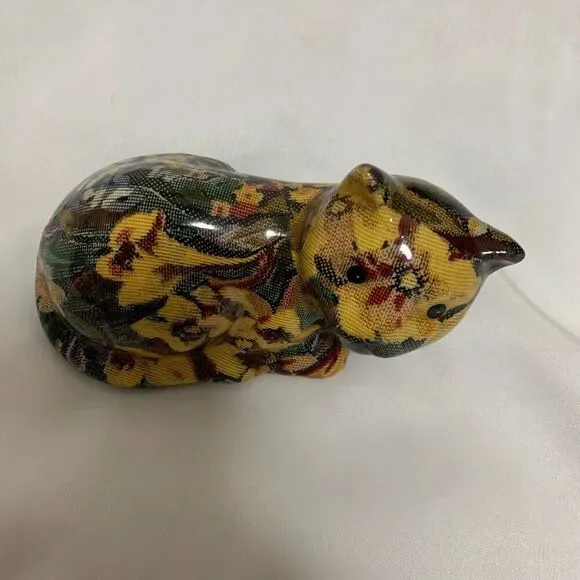 Vintage 1960's  Floral Fabric Glazed  Decoupage Cat Figurine, ceramic decorative - Picture 5 of 9